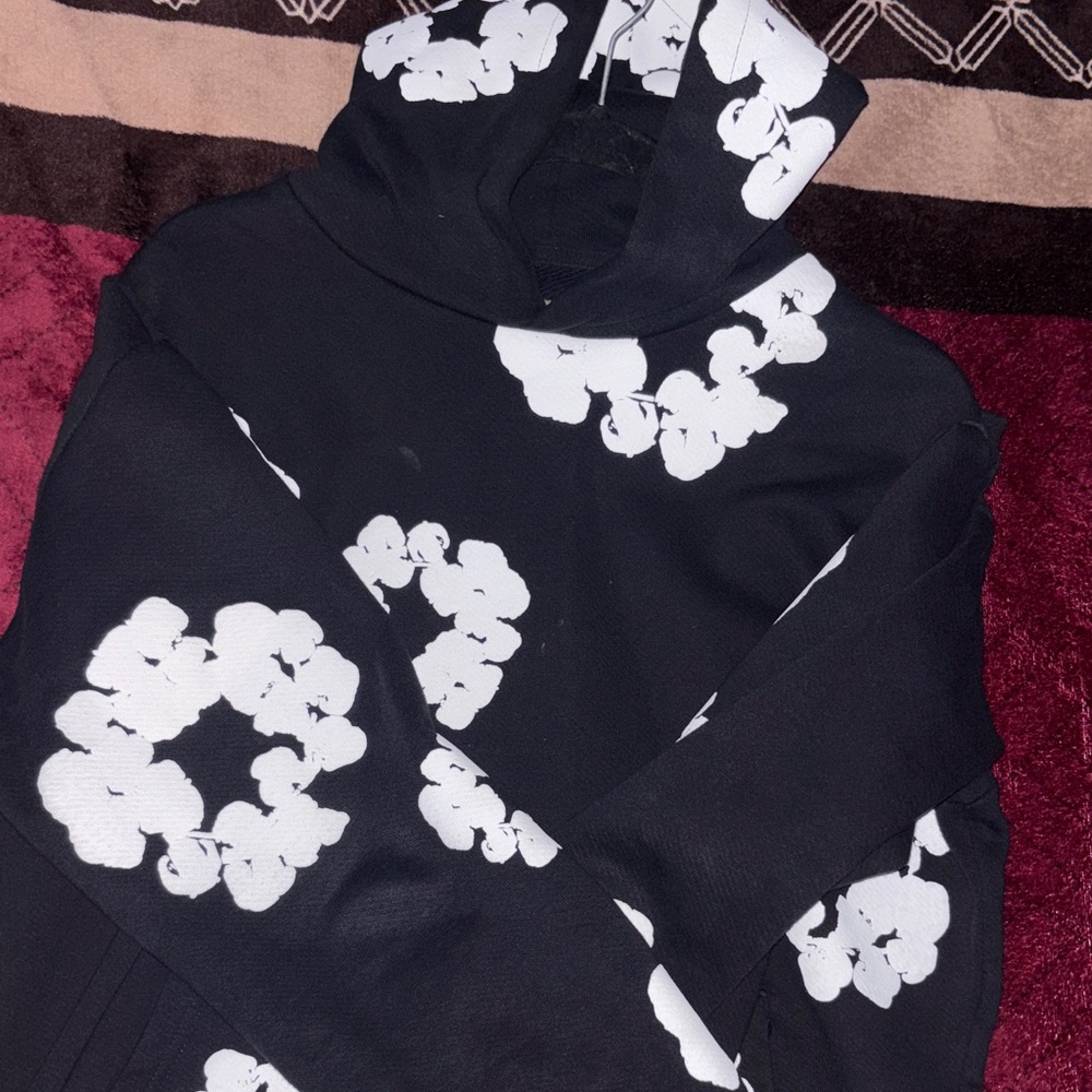Black and white denim tear hoodie